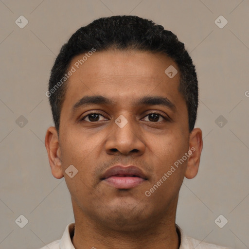 Neutral latino young-adult male with short  black hair and brown eyes