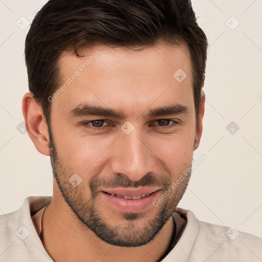 Joyful white young-adult male with short  brown hair and brown eyes