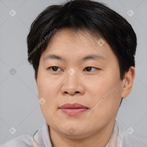 Joyful asian adult male with short  brown hair and brown eyes