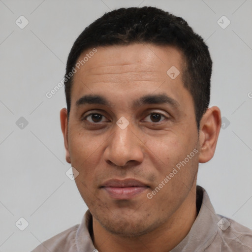 Neutral latino adult male with short  black hair and brown eyes