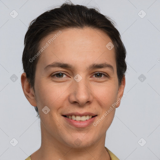 Joyful white young-adult female with short  brown hair and brown eyes