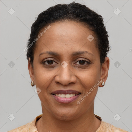 Joyful latino young-adult female with short  brown hair and brown eyes