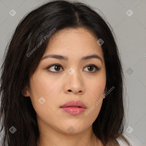 Neutral asian young-adult female with long  brown hair and brown eyes