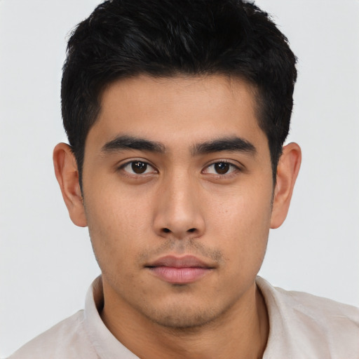 Neutral asian young-adult male with short  black hair and brown eyes