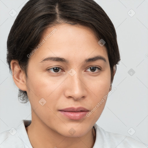 Neutral white young-adult female with medium  brown hair and brown eyes