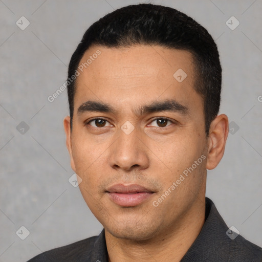 Neutral white young-adult male with short  black hair and brown eyes