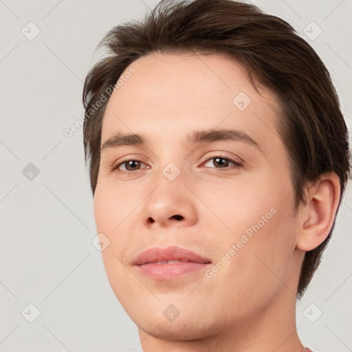 Neutral white young-adult male with short  brown hair and brown eyes