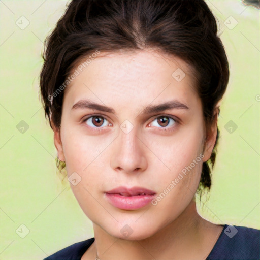 Neutral white young-adult female with short  brown hair and brown eyes