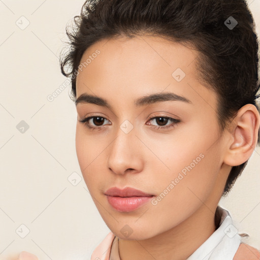 Neutral white young-adult female with short  brown hair and brown eyes