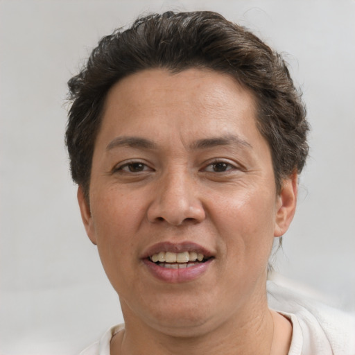 Joyful white adult female with short  brown hair and brown eyes