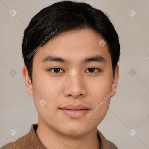 Neutral asian young-adult male with short  black hair and brown eyes