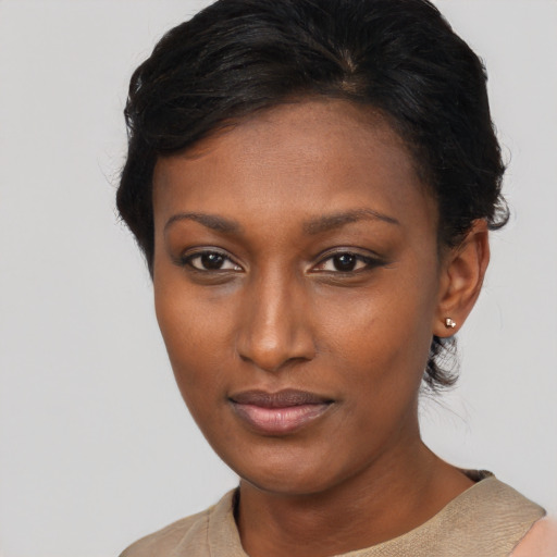 Neutral asian young-adult female with short  brown hair and brown eyes