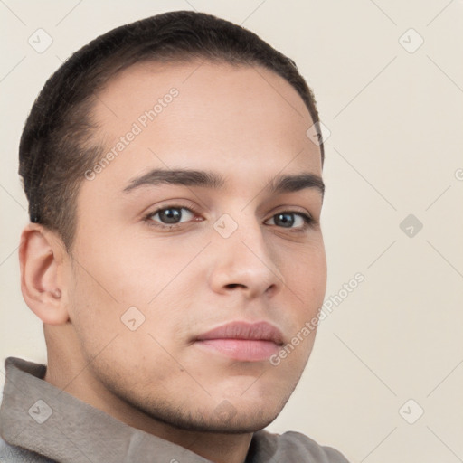 Neutral white young-adult male with short  brown hair and brown eyes