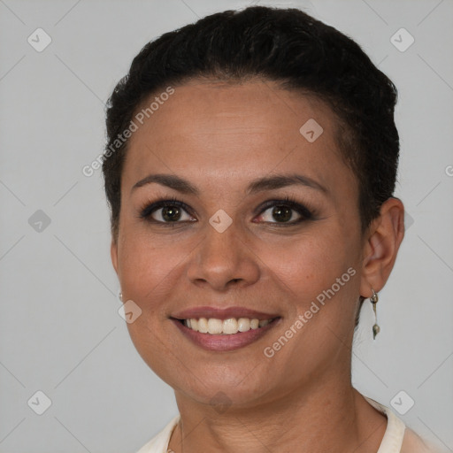 Joyful latino young-adult female with short  brown hair and brown eyes