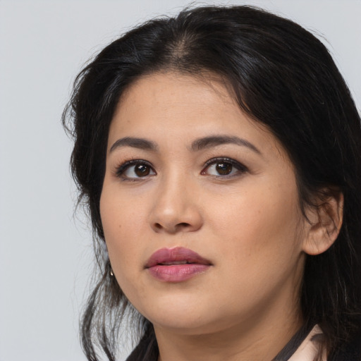 Neutral asian young-adult female with long  brown hair and brown eyes