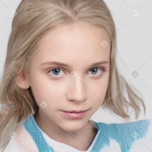 Neutral white child female with medium  brown hair and blue eyes