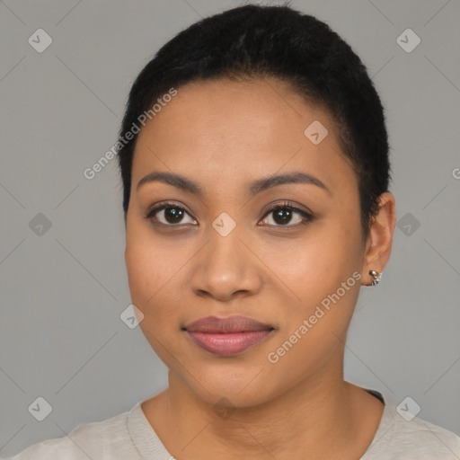 Joyful latino young-adult female with short  black hair and brown eyes