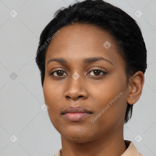 Neutral black young-adult female with short  black hair and brown eyes