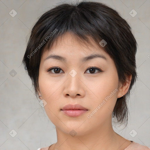 Neutral asian young-adult female with medium  brown hair and brown eyes