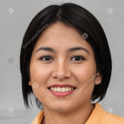 Joyful latino young-adult female with medium  brown hair and brown eyes