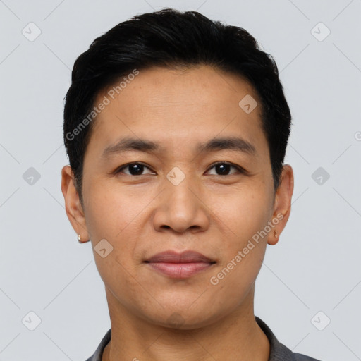 Neutral asian young-adult male with short  black hair and brown eyes