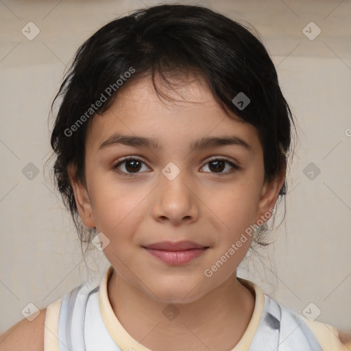 Joyful white child female with medium  brown hair and brown eyes