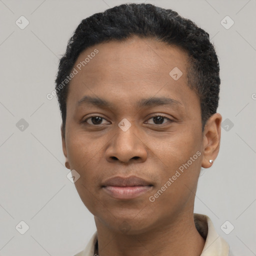 Neutral black young-adult male with short  black hair and brown eyes
