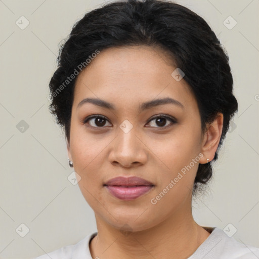 Joyful asian young-adult female with medium  black hair and brown eyes