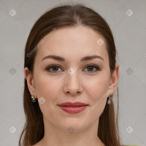 Joyful white young-adult female with medium  brown hair and grey eyes