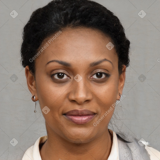 Joyful latino young-adult female with short  black hair and brown eyes