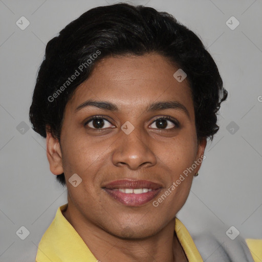 Joyful latino young-adult female with short  brown hair and brown eyes