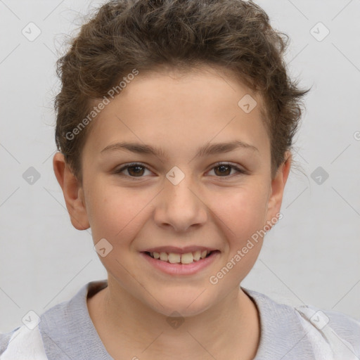 Joyful white child female with short  brown hair and brown eyes