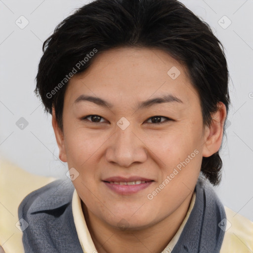 Joyful asian young-adult female with short  brown hair and brown eyes