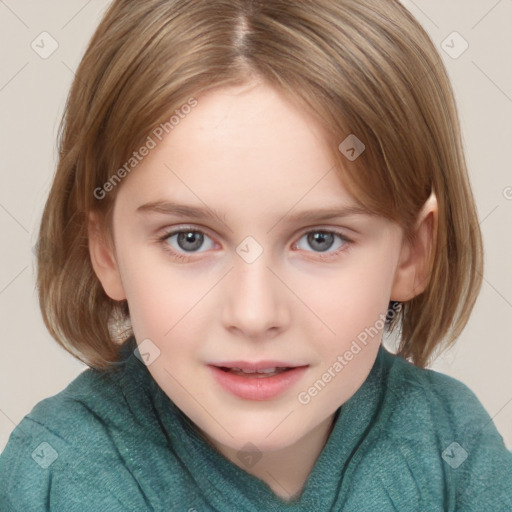 Joyful white child female with medium  brown hair and brown eyes