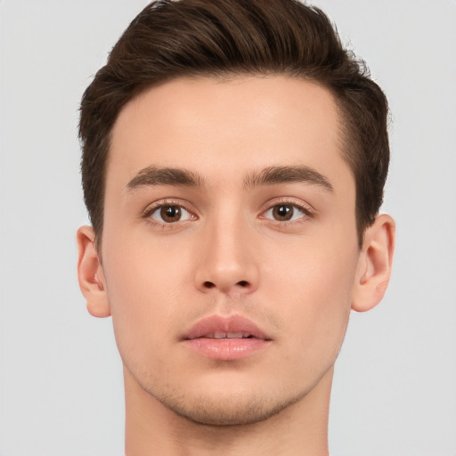 Neutral white young-adult male with short  brown hair and brown eyes