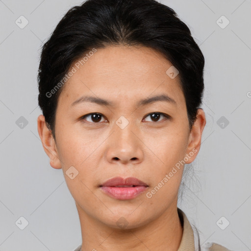 Neutral asian young-adult female with short  black hair and brown eyes