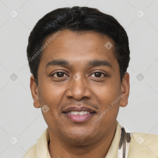 Joyful latino young-adult male with short  black hair and brown eyes