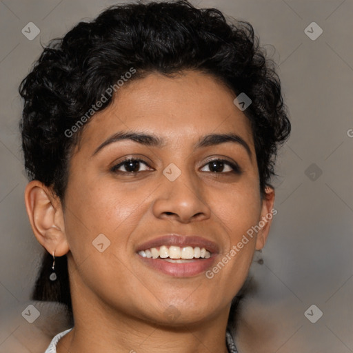 Joyful latino young-adult female with long  brown hair and brown eyes