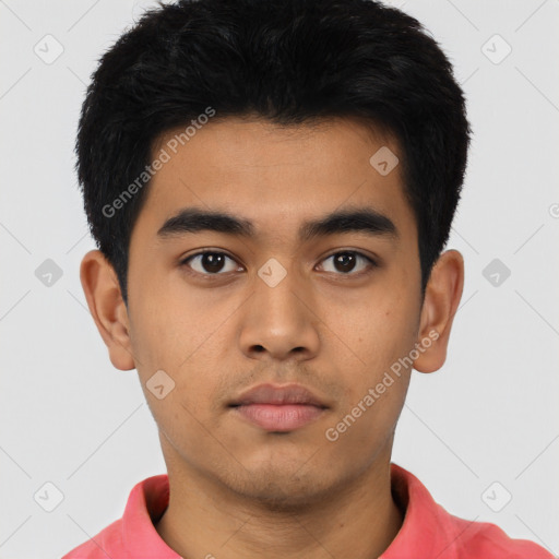 Neutral asian young-adult male with short  black hair and brown eyes