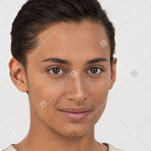 Joyful white young-adult female with short  brown hair and brown eyes