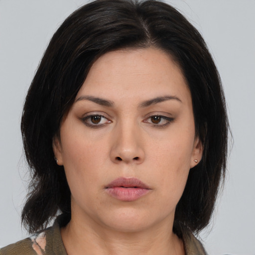 Neutral asian young-adult female with medium  black hair and brown eyes