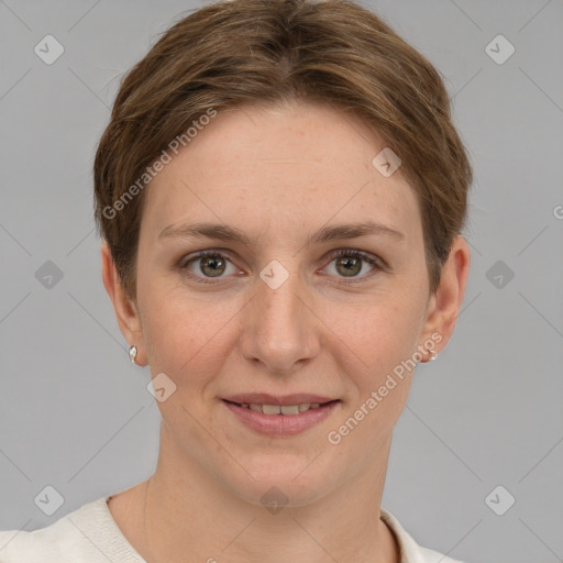 Joyful white young-adult female with short  brown hair and grey eyes