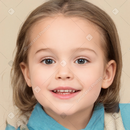 Joyful white child female with medium  brown hair and blue eyes