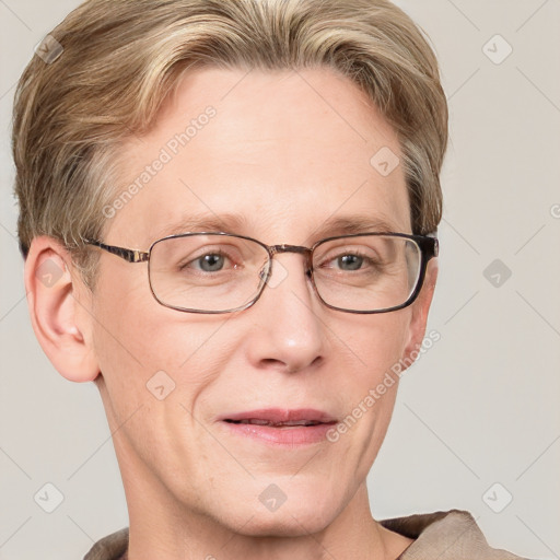 Joyful white adult male with short  brown hair and blue eyes