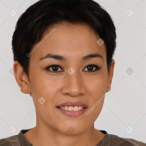 Joyful asian young-adult female with short  brown hair and brown eyes