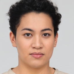 Neutral asian young-adult female with short  brown hair and brown eyes