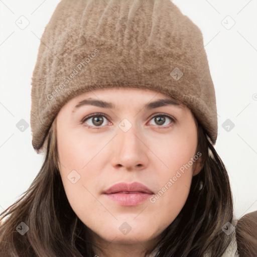 Neutral white young-adult female with long  brown hair and brown eyes