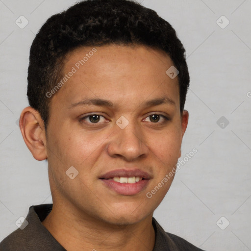 Joyful latino young-adult male with short  brown hair and brown eyes