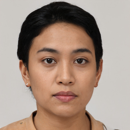 Neutral asian young-adult female with short  black hair and brown eyes