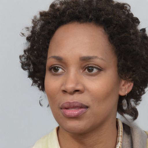 Joyful black adult female with medium  brown hair and brown eyes